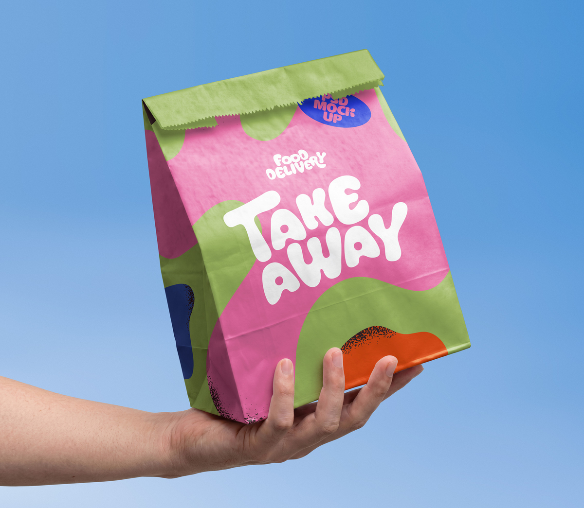 Hand-Held Food Delivery & Takeaway Paper Bag Packaging PSD Mockup