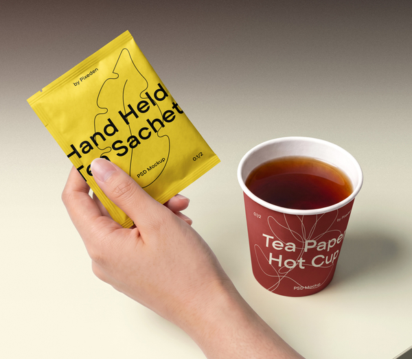 Hand-Held Tea Sachet & Paper Hot Cup PSD Mockup