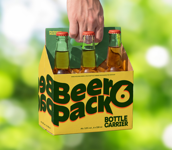 Hand Holding Beer 6-Pack Bottle Carrier Packaging PSD Mockup