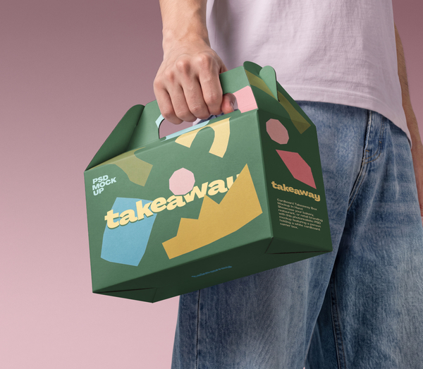 Hand Holding Cardboard Takeaway Carrier Box PSD Mockup