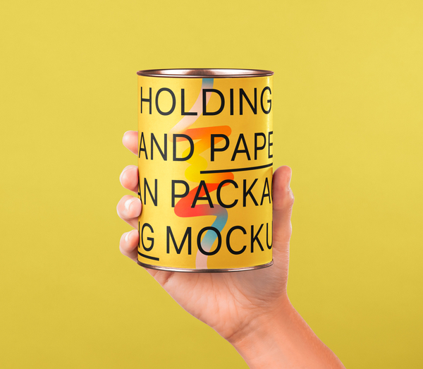 Hand Holding Psd Paper Can Packaging Mockup