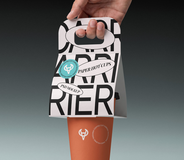 Hand Holding Takeaway Coffee Cup Carrier Packaging PSD Mockup