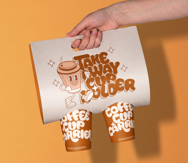 Hand Holding Takeaway Coffee Cup Carrier PSD Mockup 