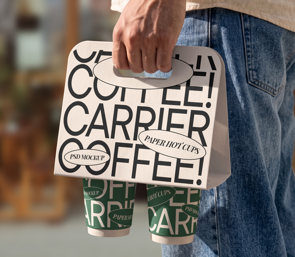 Handheld Double Paper Coffee Cup Takeaway Paper Carrier PSD Mockup