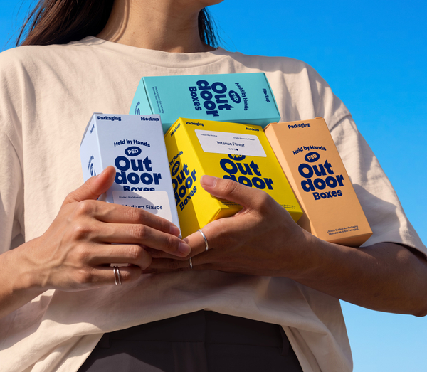 Handheld Product Box Collection Packaging Set PSD Mockup