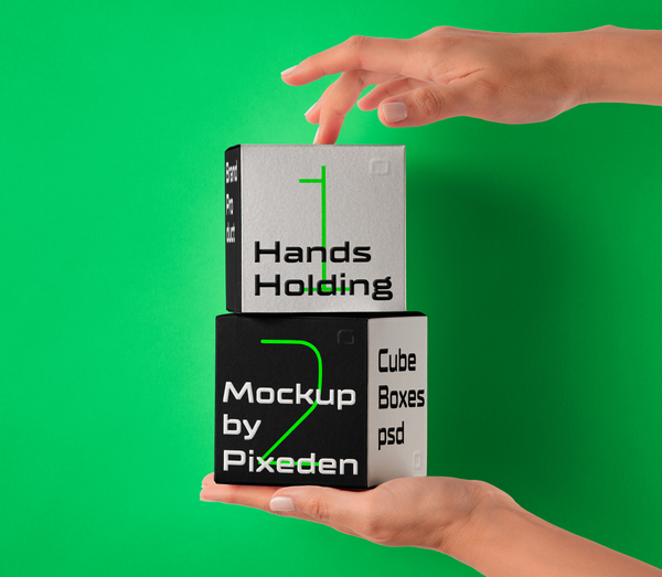 Hands Holding Cardboard Brand Cube Boxes Free Psd Mockup