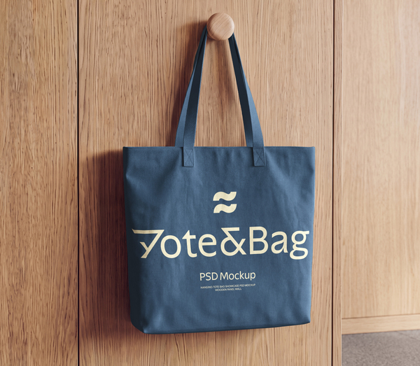 Hanging Tote Bag Showcase PSD Mockup - Wooden Panel Wall
