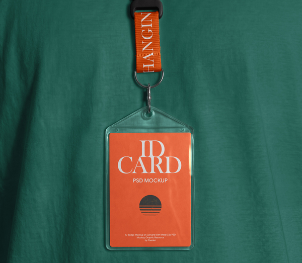 ID Badge Mockup on Lanyard with Metal Clip PSD Mockup
