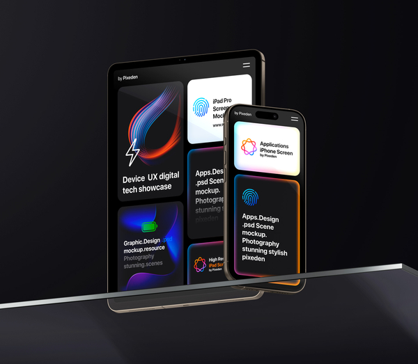 iPhone and iPad on Glass Table Scene Psd Mockup