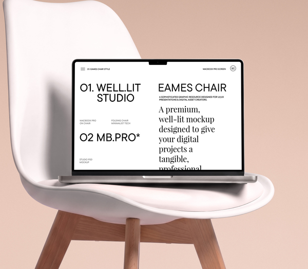 MacBook on Modern Eames-Style Chair Presentation Scene PSD Mockup