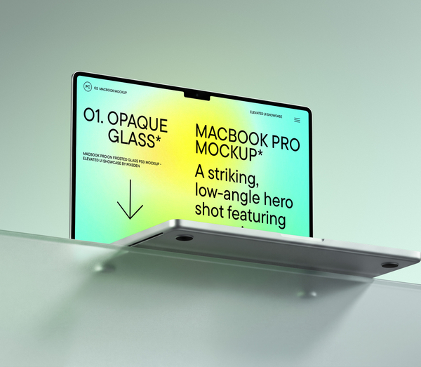 MacBook Pro on Frosted Glass PSD Mockup - Elevated UI Showcase