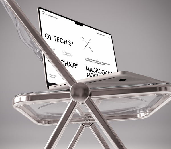 MacBook Pro on Modern Folding Chair Minimalist Tech Studio PSD Mockup