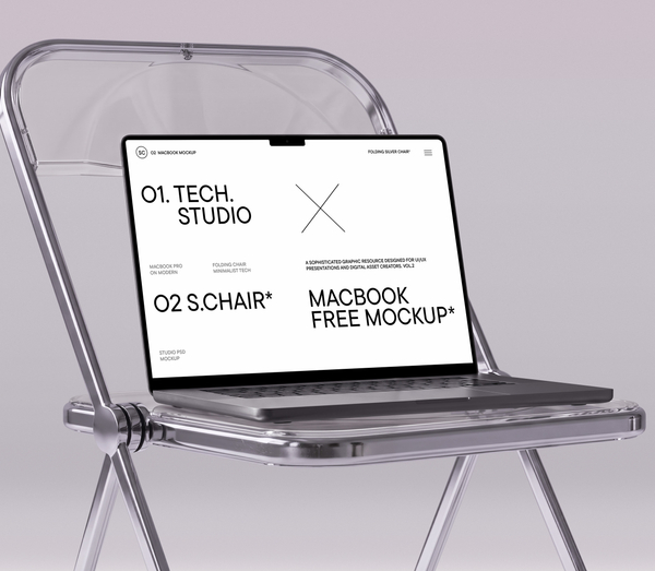MacBook Pro on Modern Folding Chair Minimalist Tech Studio Vol2 FREE PSD Mockup