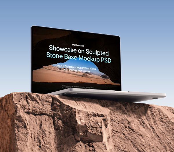 Macbook Pro Showcase on Sculpted Stone Base Mockup PSD