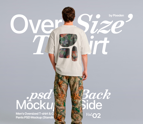 Men's Oversized T-shirt Camo- Pants PSD Mockup Standing Back Pose