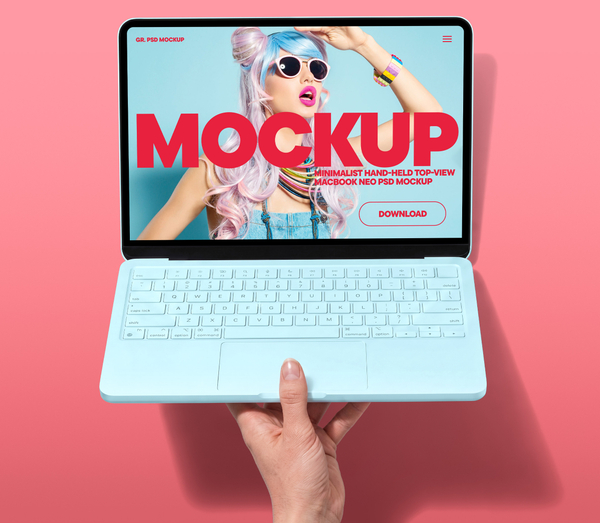 Minimalist Hand-Held Top-View MacBook Neo PSD Mockup