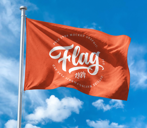 Outside Waving Fabric Flag & Pole PSD Mockup