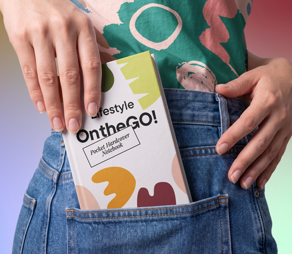 Pocket Hardcover Notebook in Jeans PSD Lifestyle Mockup