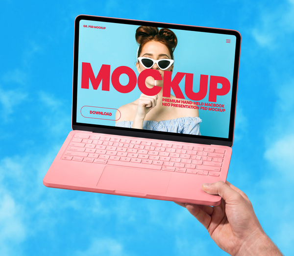 Premium Hand-Held MacBook Neo Presentation PSD Mockup