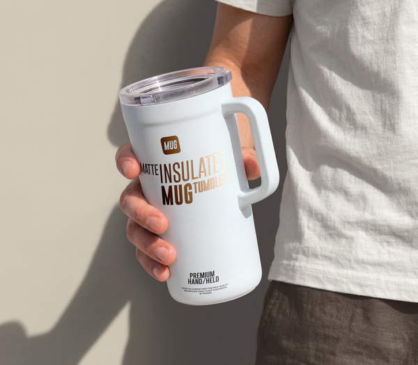 Premium Hand-Held Matte Insulated Mug Tumbler Mockup PSD  