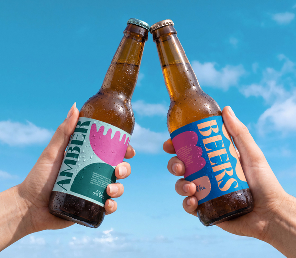Refreshing Summer Amber Beer Bottles PSD Mockup - Cheers Pose