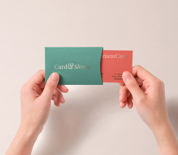 Top-Down Business Card & Textured Sliding Sleeve Mockup with Hands