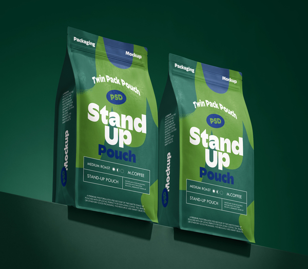 Twin Pack Stand-Up Coffee Pouch Packaging Mockup PSD