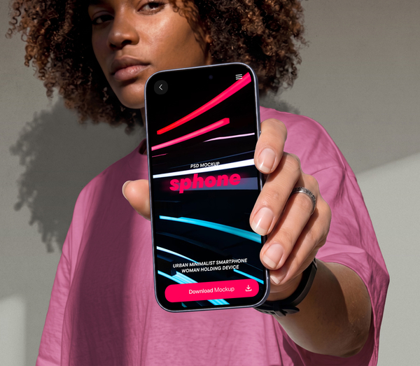 Urban Minimalist Smartphone PSD Mockup - Woman Holding Device