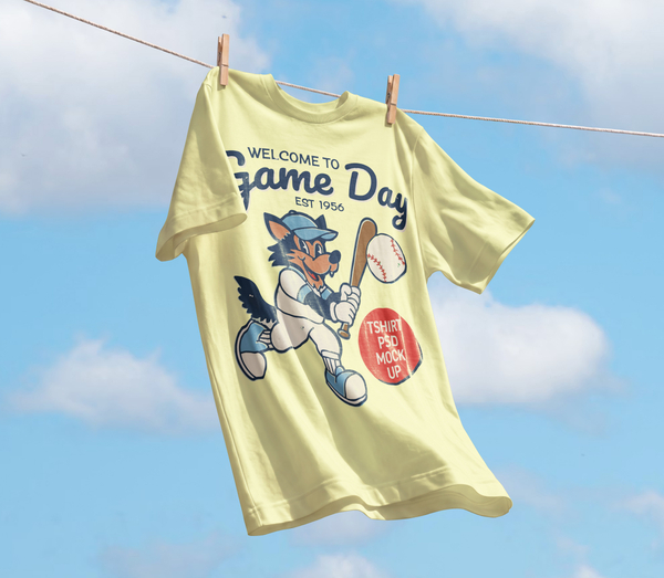 Wind Blown Clothesline Hanging T-Shirt PSD Mockup
