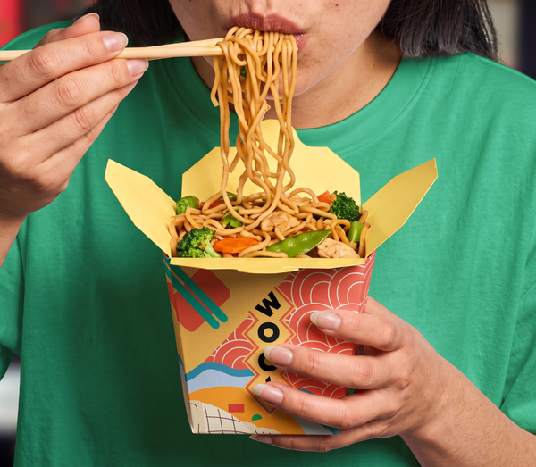 Wok-Style Asian Takeaway Noodle Box PSD Mockup - Eating Scene